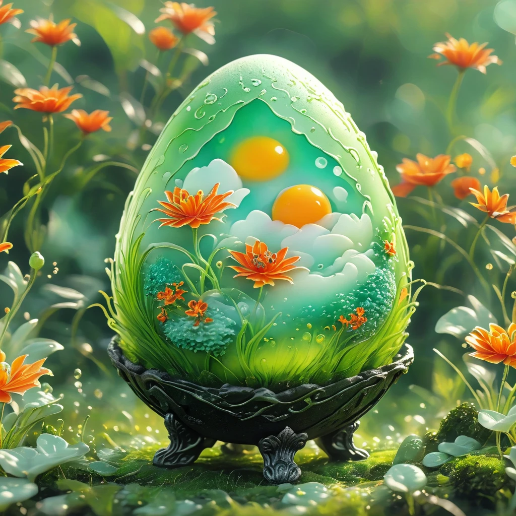 best quality, very good, 16K, ridiculous, Extremely detailed, charming(((Egg:1.3)))，Made of translucent boiling lava, Background grassland（（A masterpiece full of fantasy elements）））， （（best quality））， （（Intricate details））（8K）