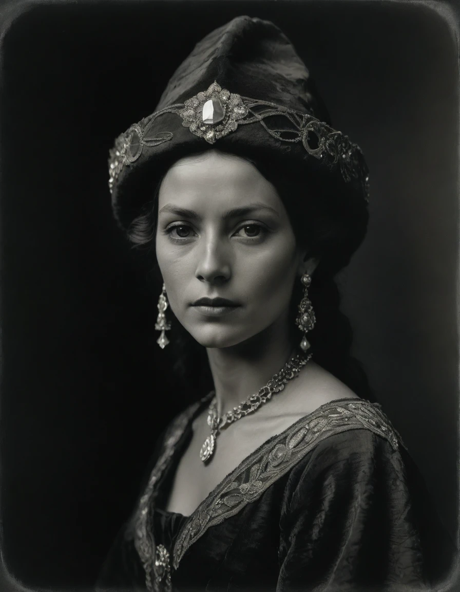 by Moebius Jean Giraud, by Théodore Géricault, ((((Rough monochrome, daguerreotype)))), a powerful elven noblewoman, bronze skin, tanned, dignified, sensual, facing viewer. She is wearing a fur hat. She is wearing a black Byzantine caftan with Slavic elements, embroidered lozenge symbology, sashes, diamond shape pendant.