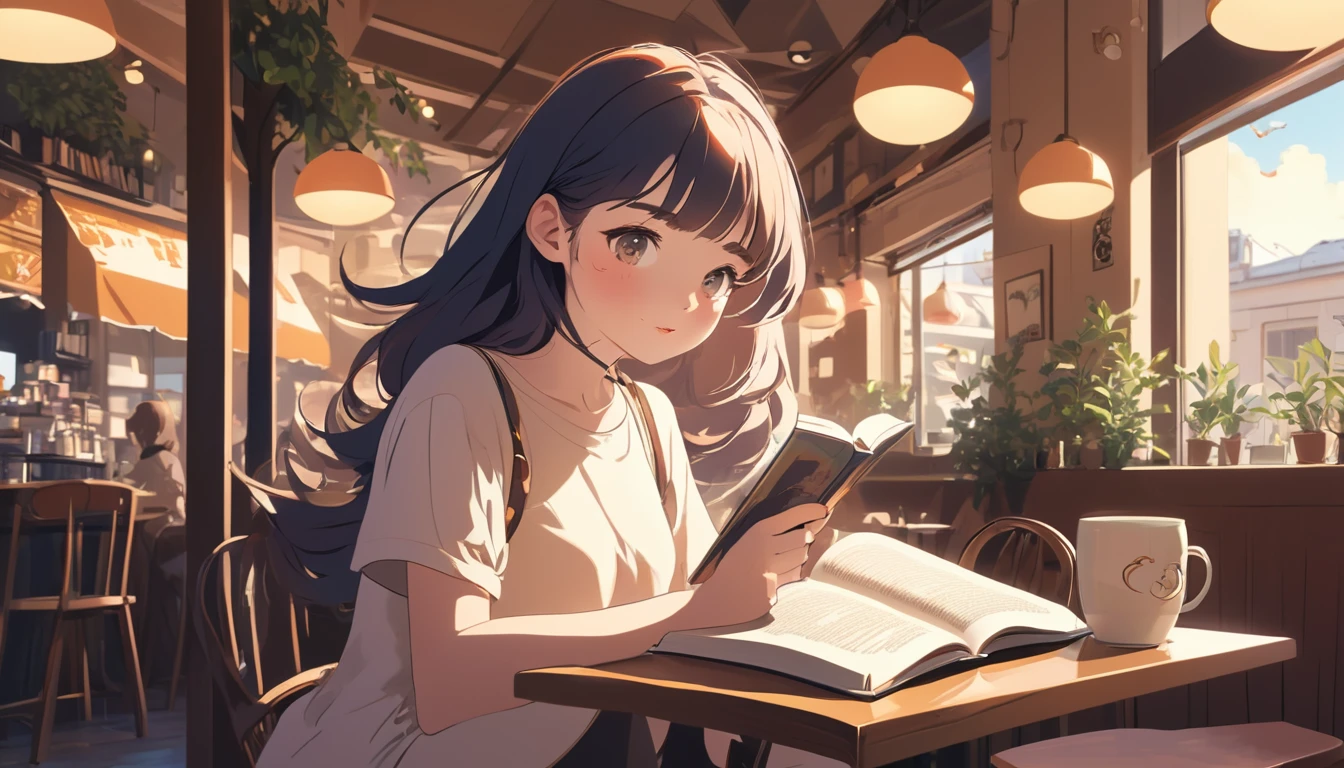 Woman reading a book in a cafe、, Wide-angle lens, Lofi Anime, Lofi illustration, Aesthetic atmosphere, Lo-Fi Style, Vector art, Flat Design, Simple shape, Warm tones, Pleasant atmosphere, Chill, In anime style, Digital drawing, Vector art, Vector logo for t-shirt printing, (Adorable:1.5), (small:1.4), (Playful:1.2), (soft:1.3), (Whimsical:1.1), masterpiece, Highest quality, 8K, Intricate details, grow, Celestial, Mysterious, Picturesque, amazing, Majestic, Magic, Fantasy art, Cover art, dream-like