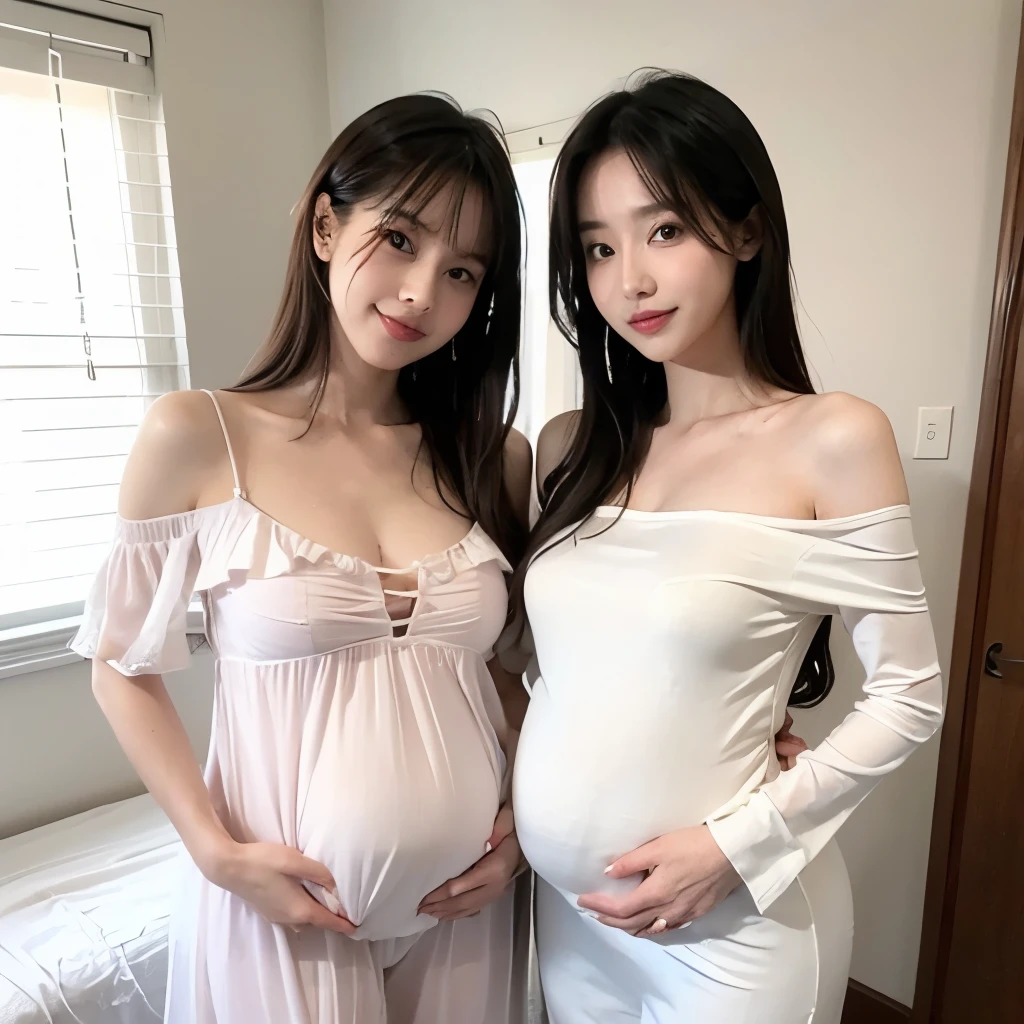 2 women，Mom and mother-in-law，35 years old，人妻 A pregnant woman，pregnant，pregnant，pregnant with twins，10  pregnant，Pretty Face，Sexy body，Long hair，Wearing a white transparent off-shoulder dress，Sexy pajamas