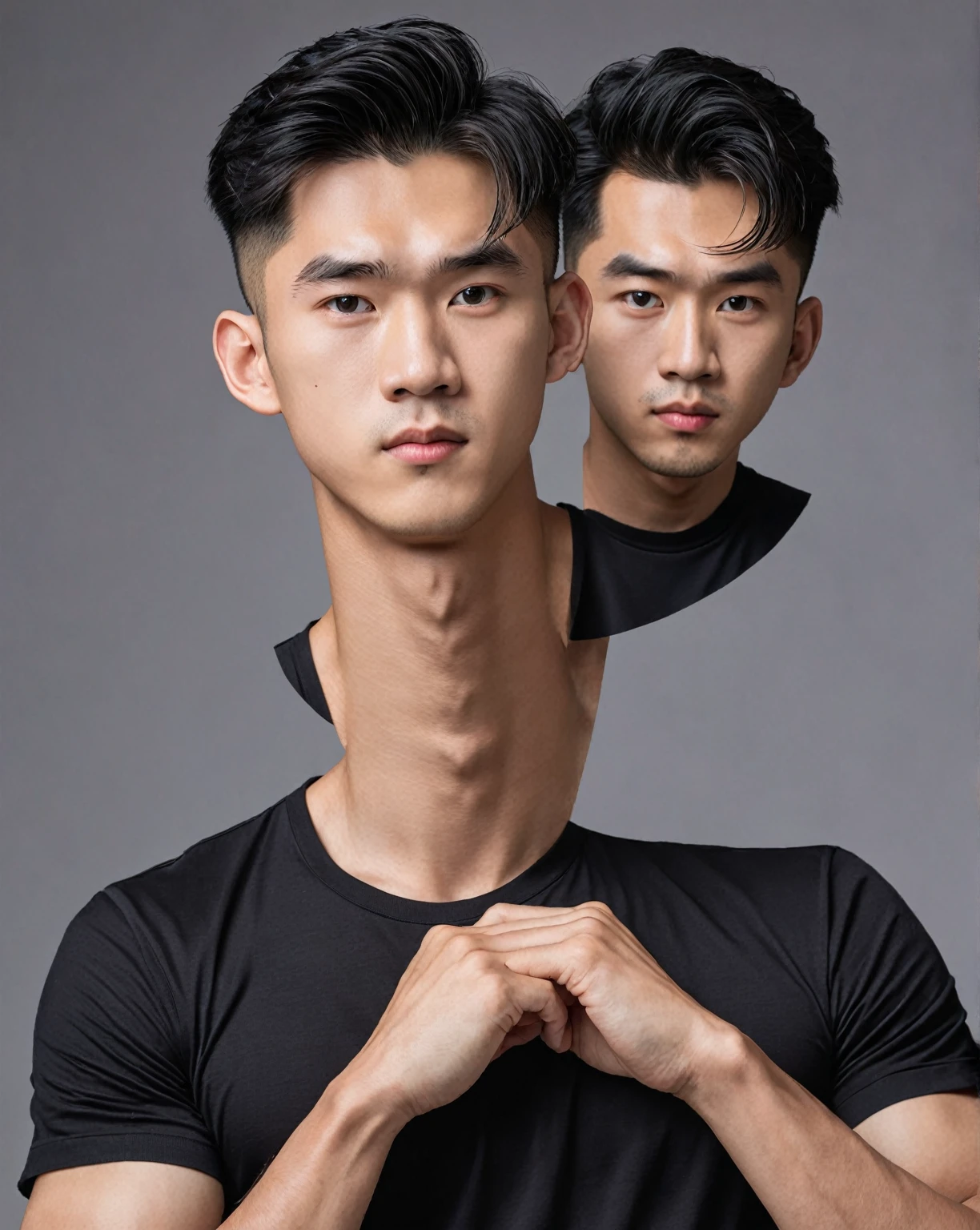 (work of art:1.35),(best qualityer:1.4),8K,ultra detali,fot,(Ultra-realistic:1.4),8K,Depth of field,1 young boy,grown-up,Asian,male focus,beautiful face,Scrawny,real skin texture,well proportioned hands,standing alone,Thick eyebrows,man in black blouse,boxer,(trunk:1.485),shorth hair,