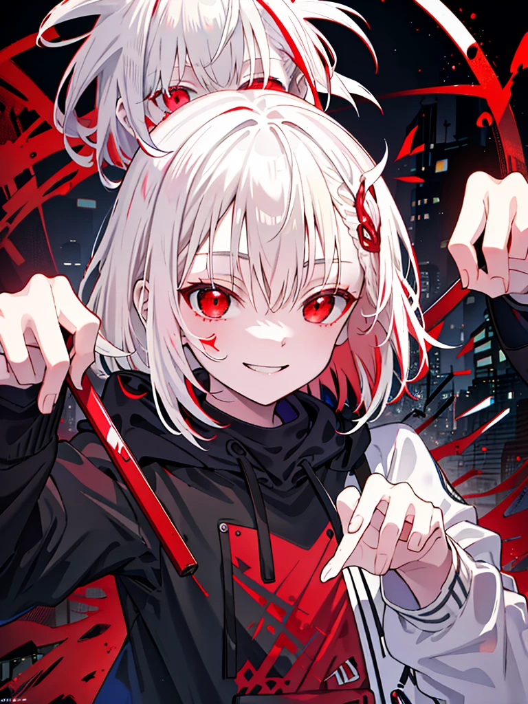 detailed background, masterpiece, best quality, smile, ornament, hoodie, portrait, red neon, graffiti, dark, night, glowing eyes, black light,platinum blonde,medium hair,red eyes