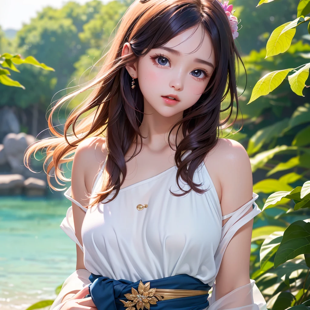 photorealisim、1 17-year-old girl、(Cosplay of anime characters:1.5)、Very young、Erotic Poses、Smooth straight hair、Detailed body、Shy smile、No makeup、a large bust、sea side、swim wears、