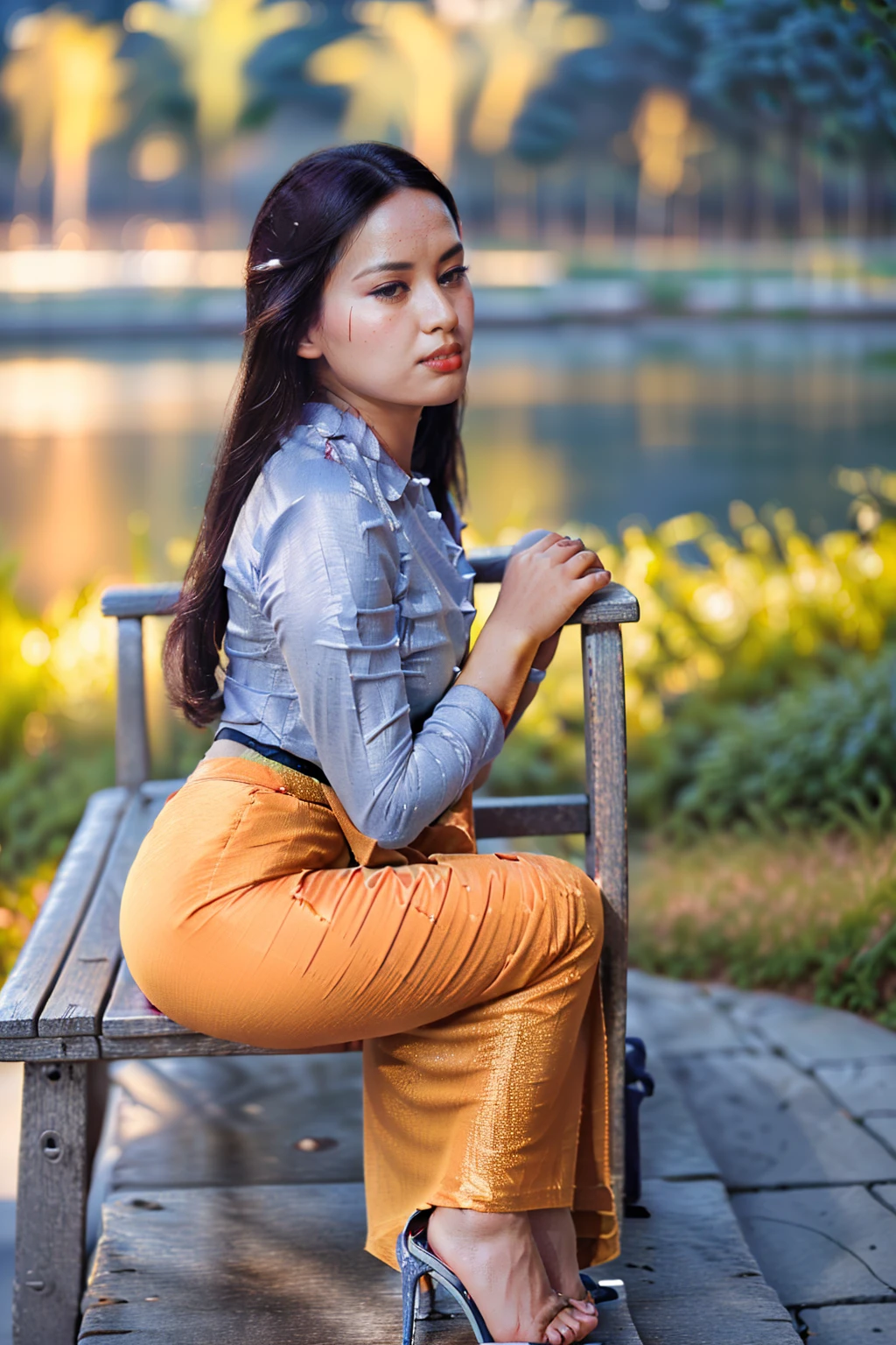 arafed asian woman in a satin dress standing in front of a crowd, (((full body side angle rear view:2))), ((((pretty lady MoonLay)))), (((pretty lady MoonLay's mature seductive face)), ((cute small smile)), ((stylish seductive sitting on the bench for photography:1.5)), ((((white stone minimalistic bench)))), (((gazing to the lake:1.5))), ((wearing Myanmar traditional elegant and stylish affair:1.2)), ((super curvy and wide buttock)), ((white shirt:1.6)), ((red satin skirt:1.6)), ((blue sandal high heel:1.3)), south east asian with square face, traditional beauty, beautiful asian girl, anime thai girl, a young beautiful asian woman, (((photorealistic background))), ((in a beautiful park with vast shimmering lake background:1.5)), ((cinematic star shaped bokeh background blur:1.7)), (((photorealistic cloudy evening sky with golden sunlight15))), (cinematic enhance HDR portrait glow lighting))), perfect anatomy, cannon mark v, DSLR quality, (perfect anatomy), (perfect toes), (perfect hands), (realistic sitting pose),