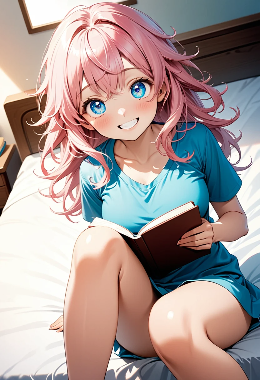 detailed illustration, dynamic angle, ultra-detailed, illustration, 1girl, 24 years old, short pink hair, wild hair, bright blue eyes, detailed eyes, sitting on bed, holding journal, holding book, smiling, coy, happy, delighted, medium breasts