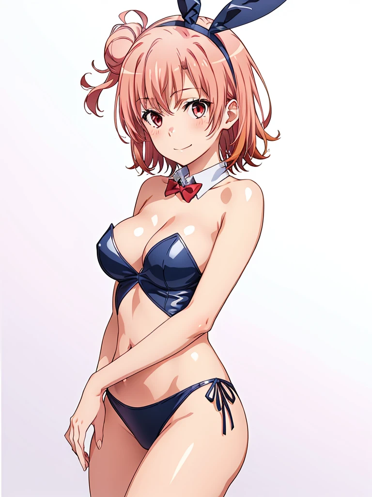((Tabletop, Highest quality, High resolution, Hmph, Pixel perfect, Depth of written boundary, 4K, )), One Girl, alone, , Beautiful Anime Girls, Beautiful art style, close, View your viewers, Perfect body, Yuigahama Yui, short hair, Single hair bun, Pink Hair, (Large Breasts), Apply blush all over the face, smile, Thighs Thighs Thighs Thighs, Navy Playboy Bunny, Red bow tie, belly button, White Background, Put your hands on your buttocks, I had already finished, Underarm, Side Shot, concentrated,