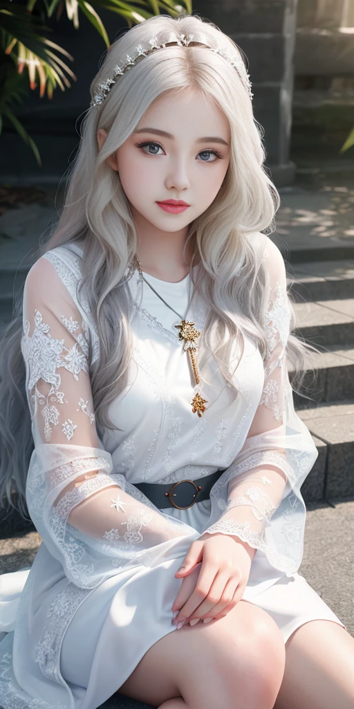 Leila、sexy＆Cute Women、20-year-old、(Russian women:1.3), thick upper lip、Big gray eyes、Blonde medium-long hair、alone, Bust 90cm,8 heads model style,Pale skin 、White dress, Ultra HD Photos, Highest quality, Ultra-high resolution, Realistic realism, sunlight, Angle up to the knee, Detailed face,, milky, Highly detailed skin, Realistic skin detail,, 8K Ultra HD, Digital SLR,, Fair skin, 