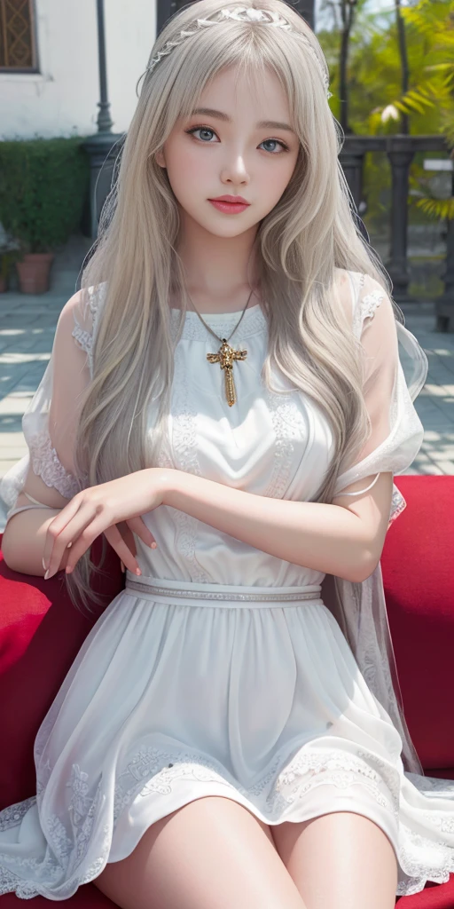 Leila、sexy&Cute Women、20-year-old、(Russian women:1.3), thick upper lip、Big gray eyes、Blonde medium-long hair、alone, Bust 90cm,8 heads model style,Pale skin 、White dress, Ultra HD Photos, Highest quality, Ultra-high resolution, Realistic realism, sunlight, Angle up to the knee, Detailed face,, milky, Highly detailed skin, Realistic skin detail,, 8K Ultra HD, Digital SLR,, Fair skin,