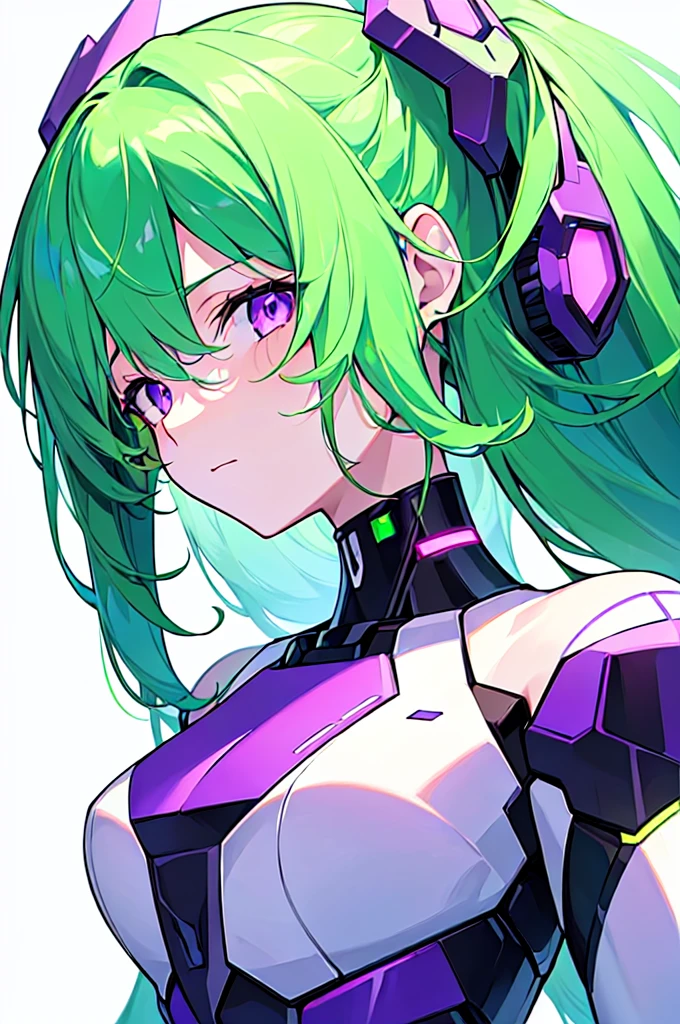[(WHITE BACKGROUND:1.5),::5], ((((masterpiece)))), high quality, ultra very high resolution, full color, (((solo))), ((Mecha musume)), Mecha girl, ((Green hair)), (Purple eyes), anime, ((upper body)), neon light, cyborg body, (Purple neon effect:1.2)