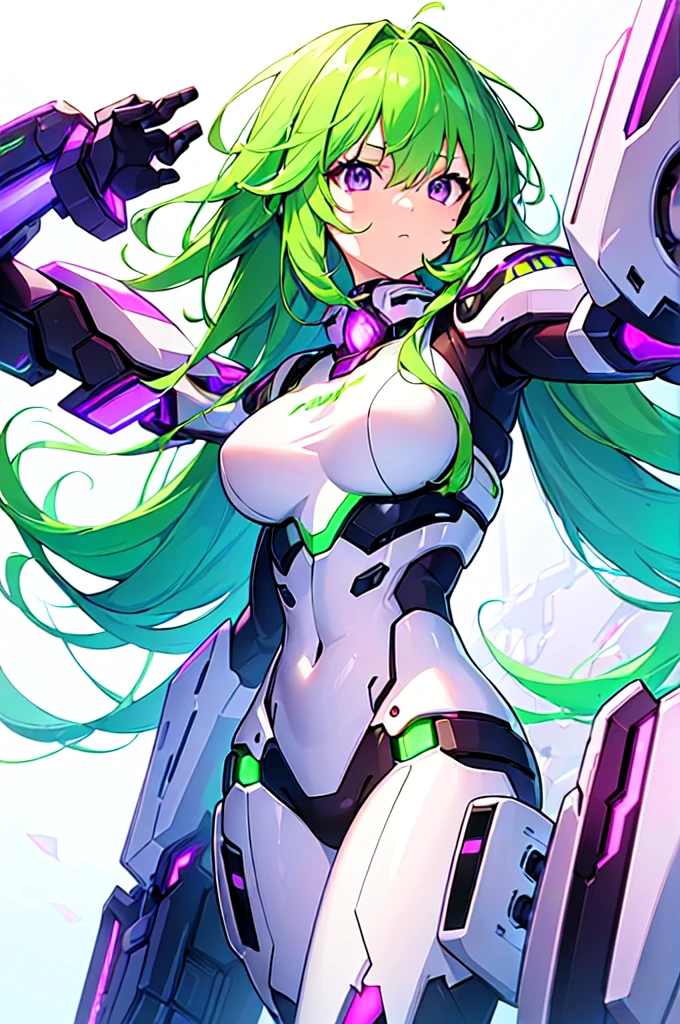 [(WHITE BACKGROUND:1.5),::5], ((((masterpiece)))), high quality, ultra very high resolution, full color, (((solo))), ((Mecha musume)), Mecha girl, ((Green hair)), (Purple eyes), anime, ((upper body)), neon light, cyborg body, (Purple neon effect:1.2)