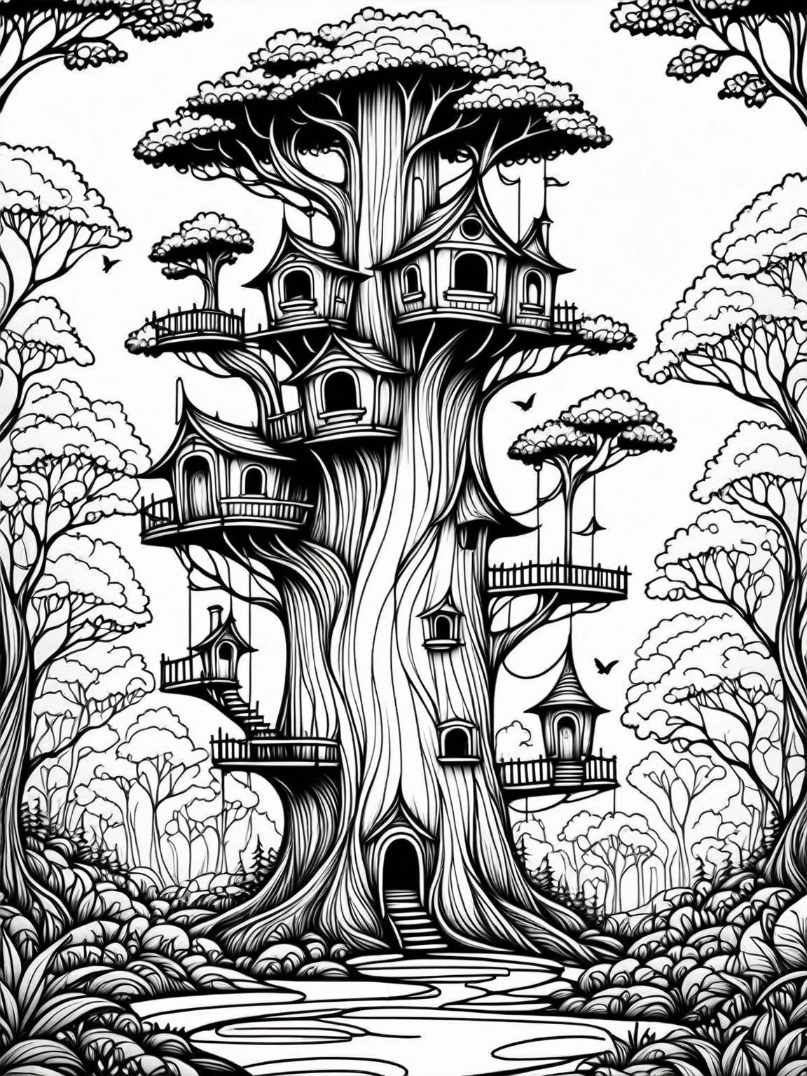 Whimsical tree house village, line art, black and white, intricate details, coloring book page, fantasy forest setting, black and white illustration, coloring book style, white background, detailed pen drawing, high contrast, clean lines, suitable for coloring, vector-like, easy to color