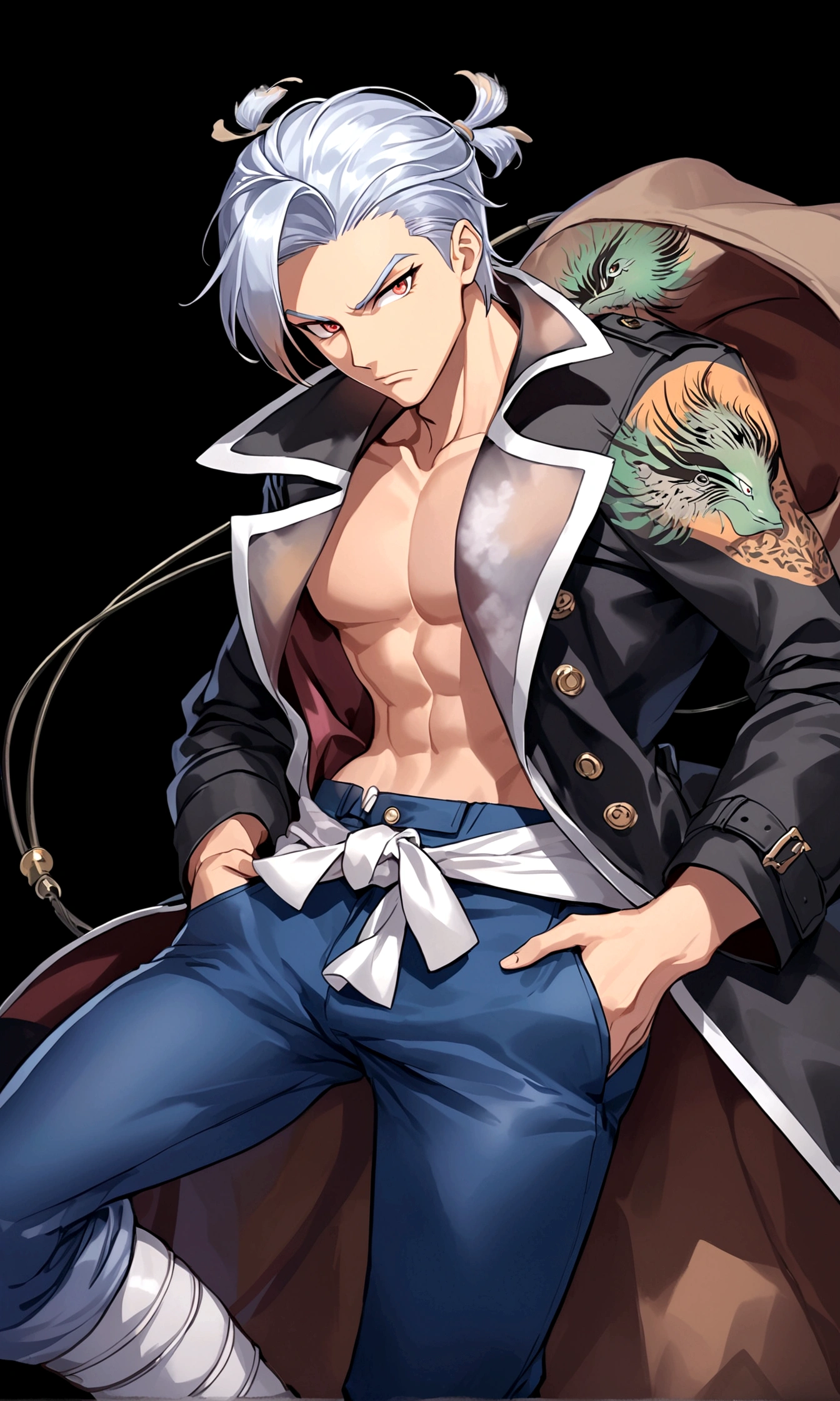 expressionless,Hands in pockets,Exquisite facial features,blond,Red eyes,Young male,Black trench coat