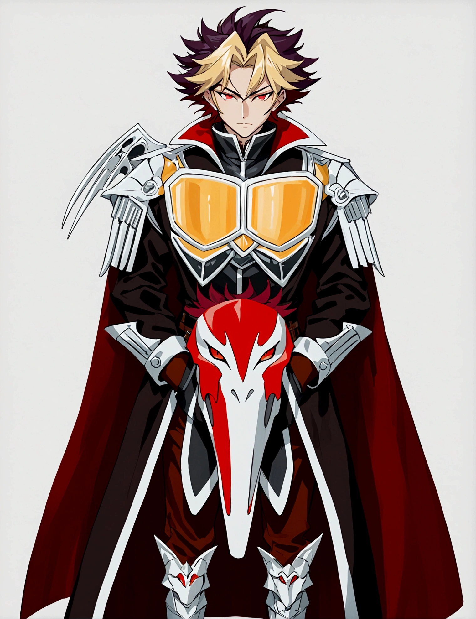 expressionless,Hands in pockets,Exquisite facial features,blond,Red eyes,Young male,Black trench coat