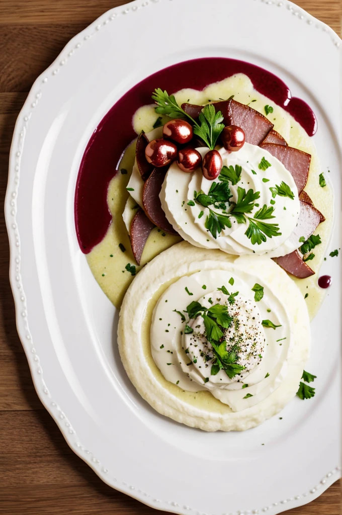 Plated Cooked Tongue cut into thin slices, with red wine pearls on top. With parsley air on one side of the plate and potato foam to simulate a puree