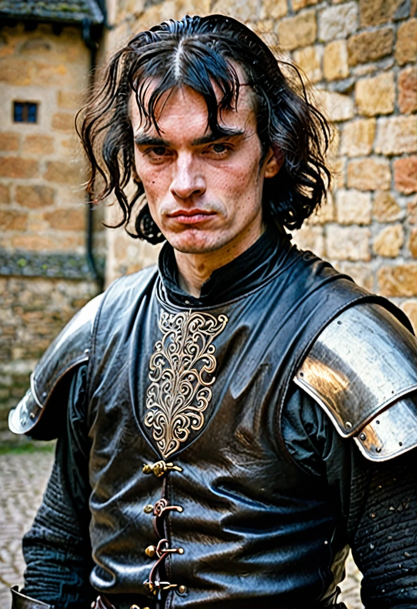 A man with a deformed face. His arms are strong. He is dressed in medieval-style leather traveling clothes.. His hair is black and he is shaved.
