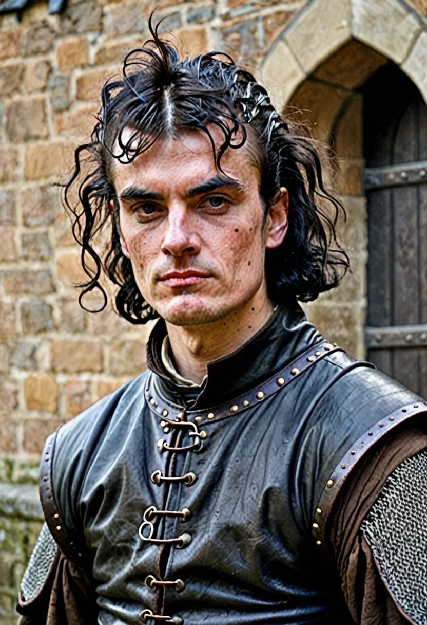 A man with a deformed face. His arms are strong. He is dressed in medieval-style leather traveling clothes.. His hair is black and he is shaved.