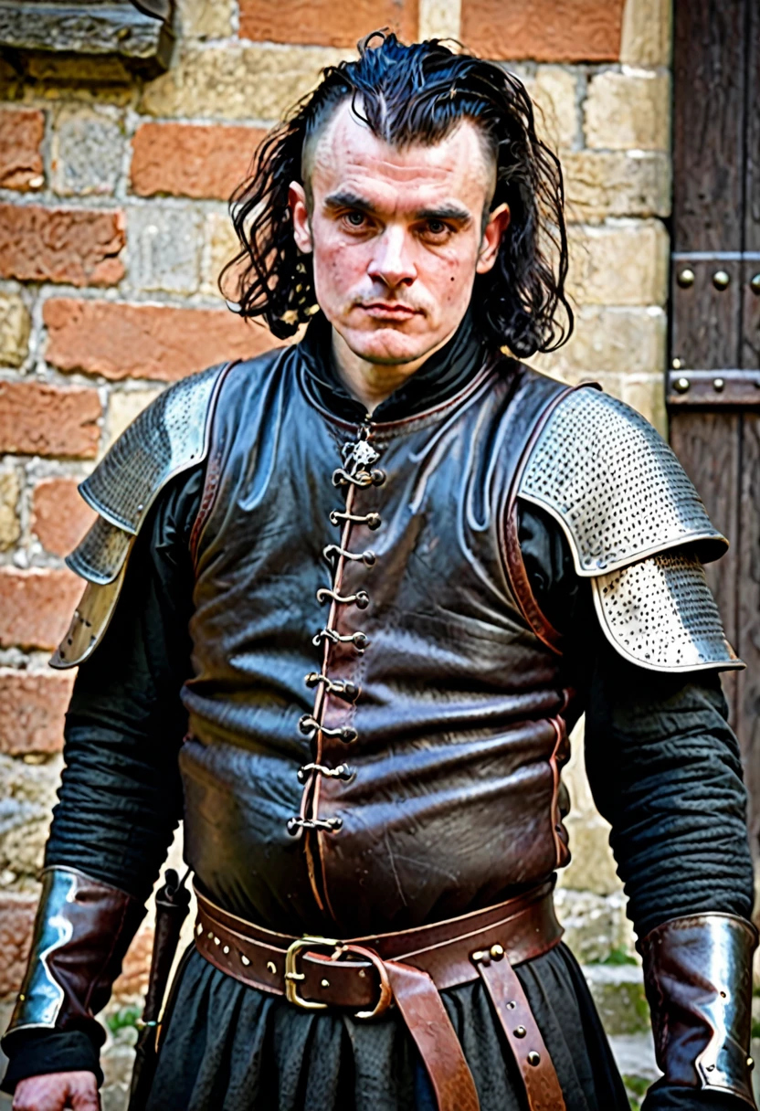 A man with a deformed face. His arms are strong. He is dressed in medieval-style leather traveling clothes.. His hair is black and he is shaved.