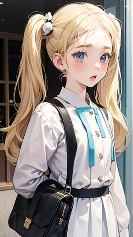 18-year-old、Blonde 、(((Twin tails)))、Small head、White Uniform、cute、Model Body Type、Student bag、Short skirt、Composition from below、Surprised face、In town、blush、Upper body portrait、