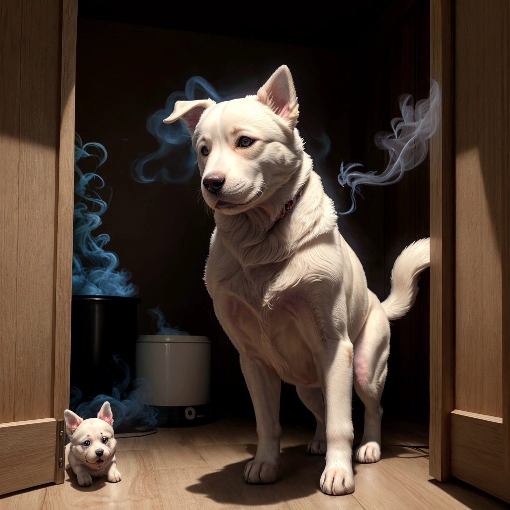 cute spirit of a realistic dog in glowing smoke looking at its owner in the leeving room, 8k, magnificent light, hyper detailed, hyper realistic light