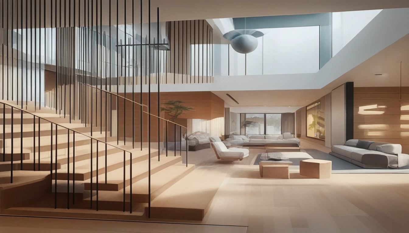 Modern and Luxurious Architectural Design
The architectural project below is an outstanding example of the combination of modern design and sophistication in living spaces. The project offers an expansive living space, natural light, and minimalist yet impressive interior details.
Key Features
1. Open Space: Designed with high ceilings and large glass walls, the space is always filled with natural light.
2. Prominent Staircase: The staircase is modernly designed with LED lights under the steps, creating a highlight for the space.
3. Elegant Wood Use: The combination of wood and metal materials creates a cozy and luxurious look.
4. Minimalist Interior: The interior is arranged scientifically, simple yet fully convenient.