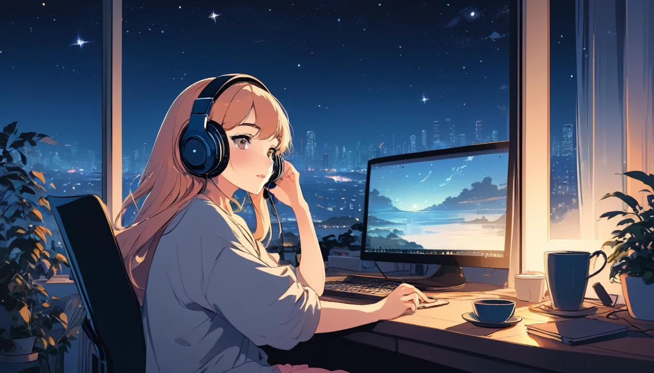Sexy woman wearing headphones、Computer and mug on the desk、Night outside the window, Wide-angle lens, Lofi Anime, Lofi illustration, Aesthetic atmosphere, Lo-Fi Style, Vector art, Flat Design, Simple shape, Warm tones, Pleasant atmosphere, Chill, In anime style, Digital drawing, Vector art, Vector logo for t-shirt printing, (Adorable:1.5), (small:1.4), (Playful:1.2), (soft:1.3), (Whimsical:1.1), masterpiece, Highest quality, 8K, Intricate details, grow, Celestial, Mysterious, Picturesque, amazing, Majestic, Magic, Fantasy art, Cover art, dream-like