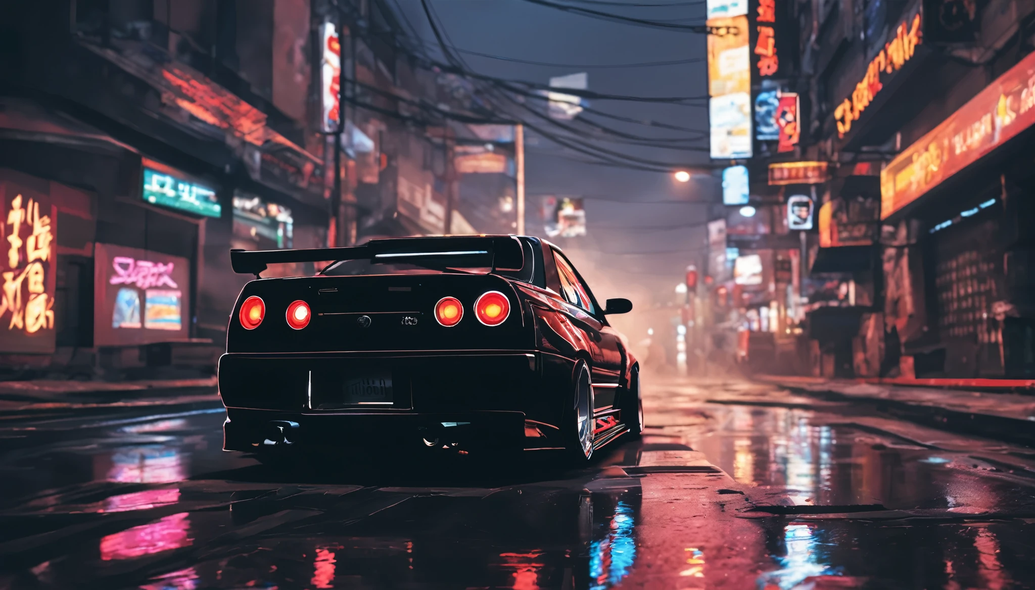 a black skyline r34 wandering the streets of cyberpunk Los Angles, Neon, 4K, Ultra -HD, realisitic, bright coloured, highy detailed, UHD design, pen and ink, perfect composition, Linda, detailed, intricate, insanamente detailed, octane rendering trend in artstation, 8k art photography, photorealisitic 0,5x ultra wide concept art, soft natural volumetric cinematic perfect light, smoke around the levels, focus on the details rain