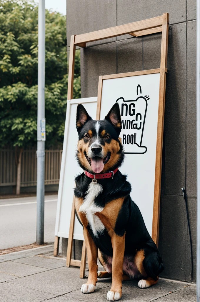drawing of a dog holding a signboard
