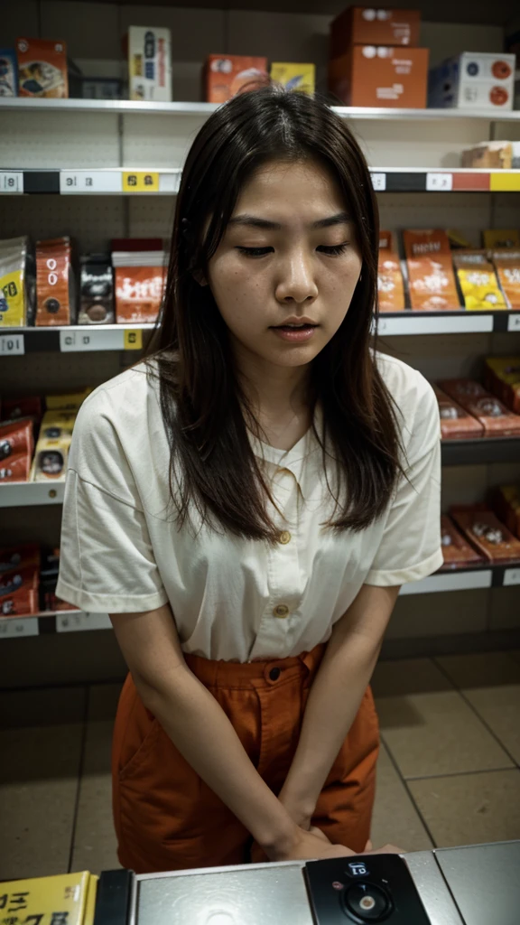 a young japanese woman, closing eyes, furrowed eyebrows, open mouth. (in an empty minimarket). colored Grainy CCTV footage from above. with time stamp.
