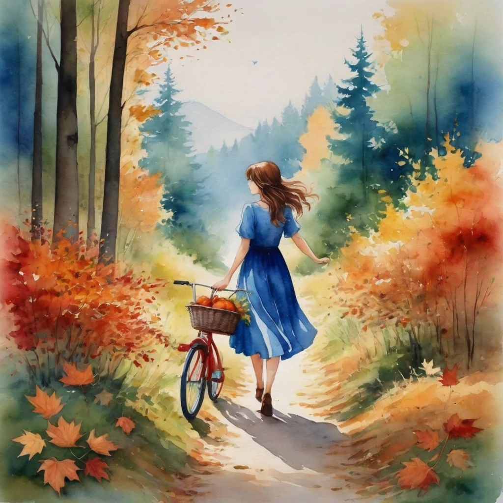 anime girl,A watercolor painting In the heart of a serene autumn forest, a young girl embarks on a journey. She is adorned in a vibrant blue dress that contrasts beautifully with the surrounding foliage. In her hands she carries a basket full of fresh flowers, perhaps picked from the trees she passes by. Your red bicycle, with a striking color in contrast to the earthy tones of the forest, is your faithful companion on this journey. The path she walks is lined with fallen leaves, a testament to the changing seasons. The trees, with leaves in a mix of green and orange, are tall and proud, their branches reaching out as if touching the sky. This tranquil scene captures the essence of autumn – a time of change and beauty.