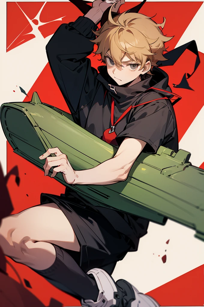 Tord Larsson from Eddsworld anime version, his hair is brown blonde, His hair is shaped like two little horns on his head. with gray eyes, red sports sweatshirt and sports bus, tomboy.