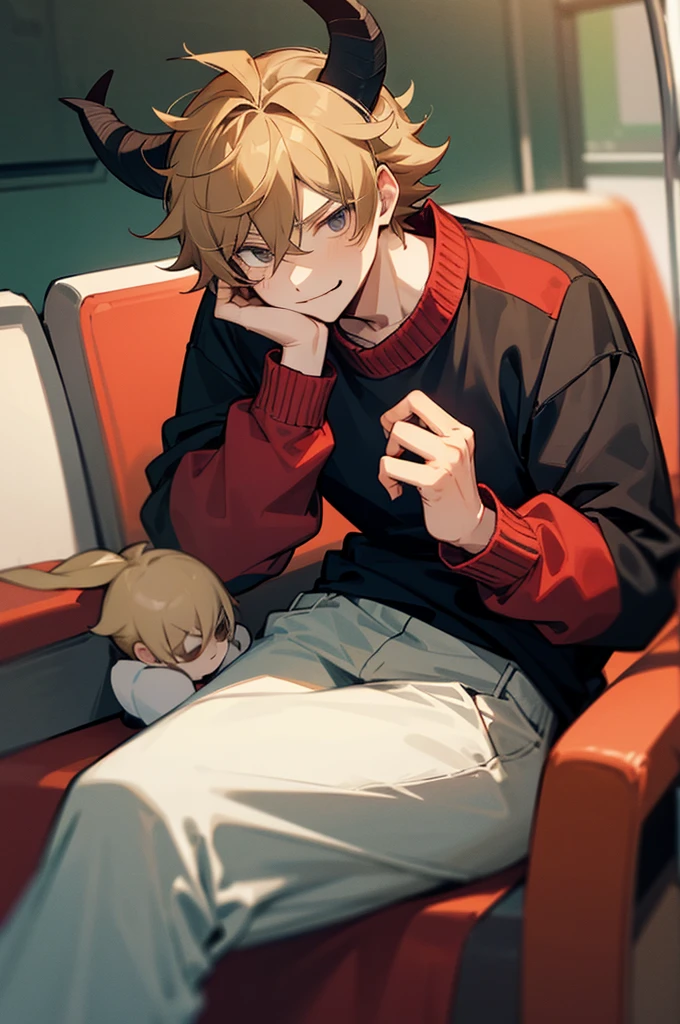 Tord Larsson from Eddsworld anime version, his hair is brown blonde, His hair is shaped like two little horns on his head. with gray eyes, red sports sweatshirt and sports bus, tomboy.