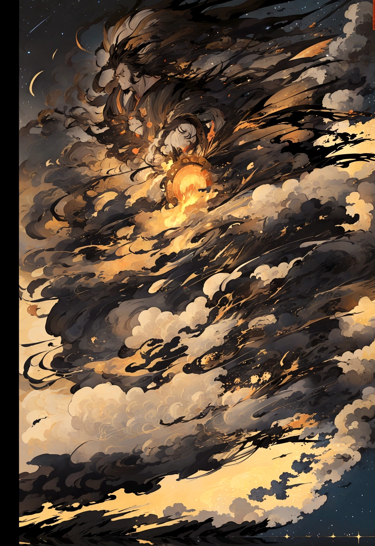 In the night sky, a man's severed head is flying across the surface of the river at an incredible speed.。The severed head has a hairstyle like a fallen warrior。Flames are flickering around the severed head like wheels.。The severed head has a pale, blank look on its face.。Set the background to a tranquil rural landscape with a dark night sky。The wind is blowing、The wind is blowing