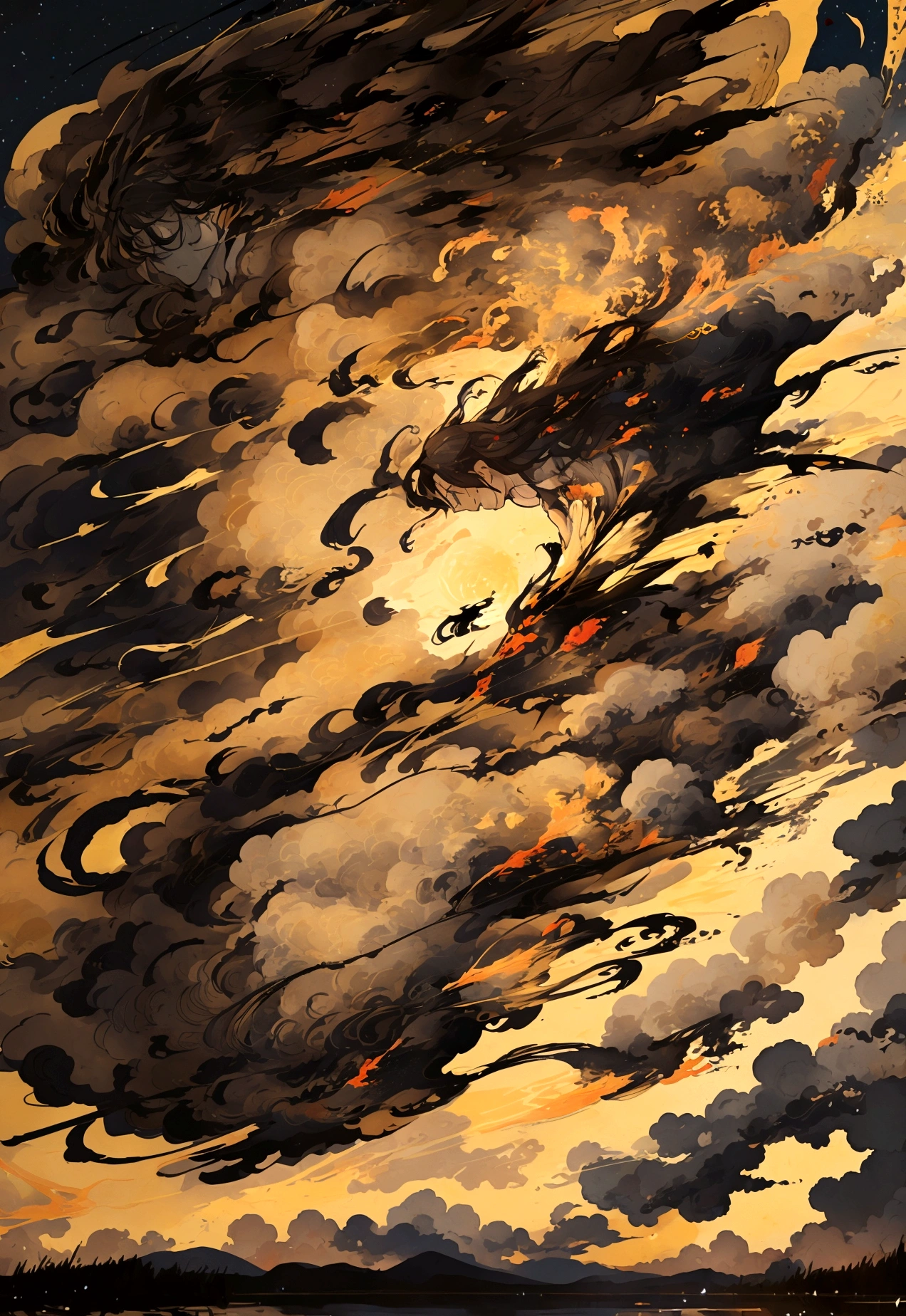 In the night sky, a man's severed head is flying across the surface of the river at an incredible speed.。The severed head has a hairstyle like a fallen warrior。Flames are flickering around the severed head like wheels.。The severed head has a pale, blank look on its face.。Set the background to a tranquil rural landscape with a dark night sky。The wind is blowing、The wind is blowing