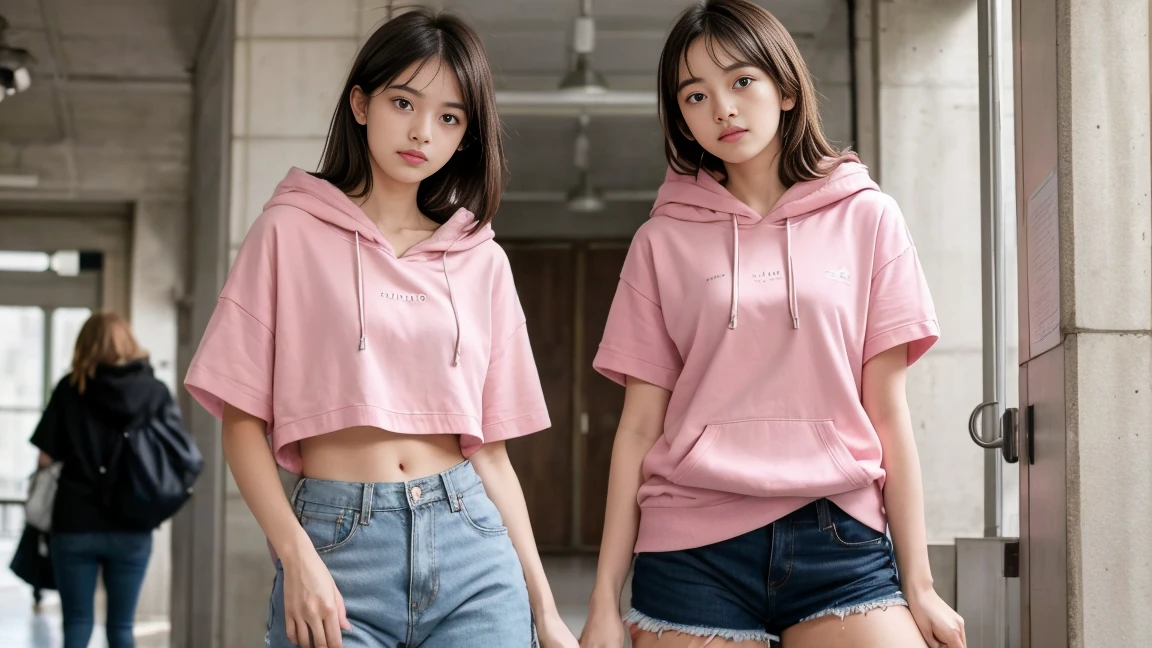deux femmes ensemble de 18 ans sexy et mince , pink short sleeve hoodie , jambe visible , se touche,salle de classe,position sensuel