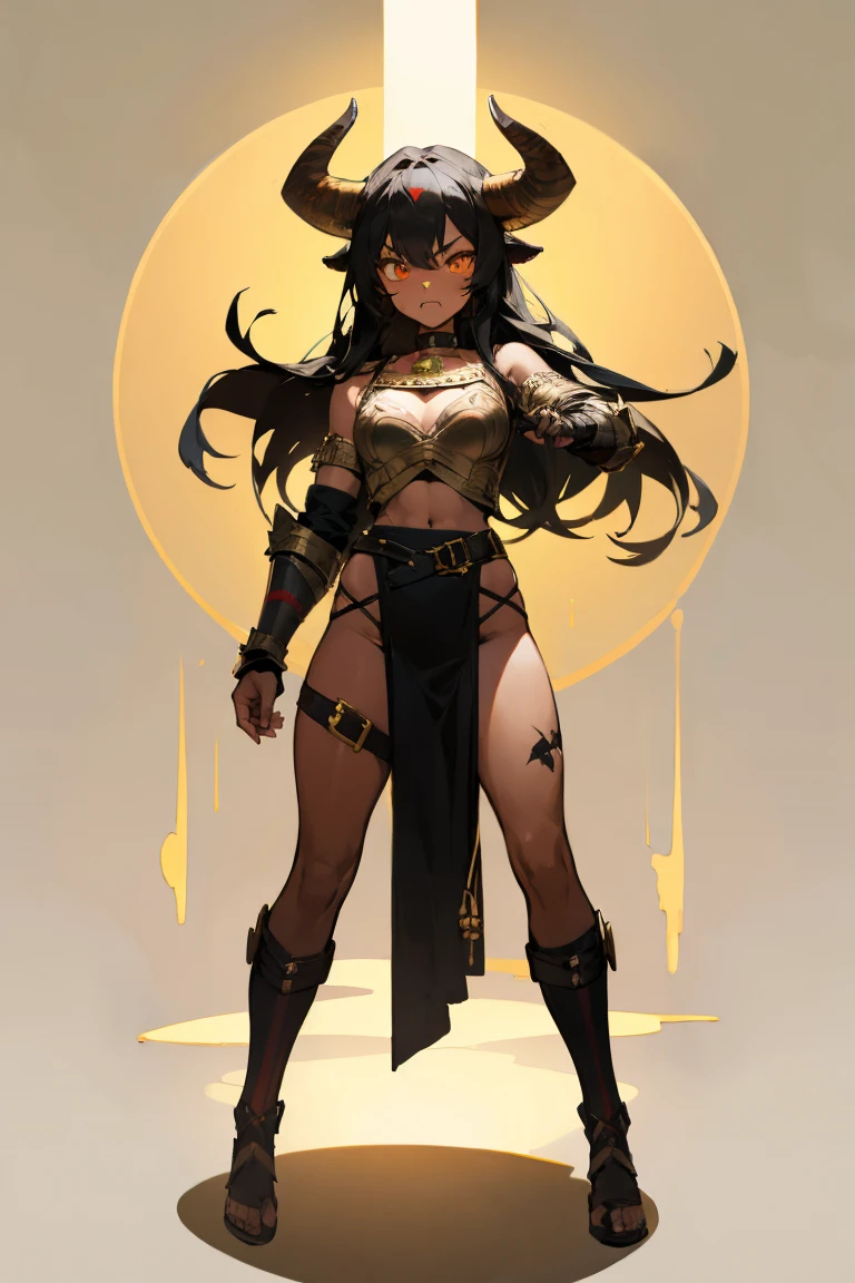 (best quality, masterpiece:1.2), 1girl, (solo), minotaur girl, ((full body)), standing, standing proudly, fighting stance, ((ferocious face)), bull horns on head, ((black hair)), (golden eyes), {{dark skin}}, ({dark skinned female}), scars on body, huge body, muscular body, gladiator outfit, (dark leather armor, red stripes), brass knuckles, golden choker, cow bell