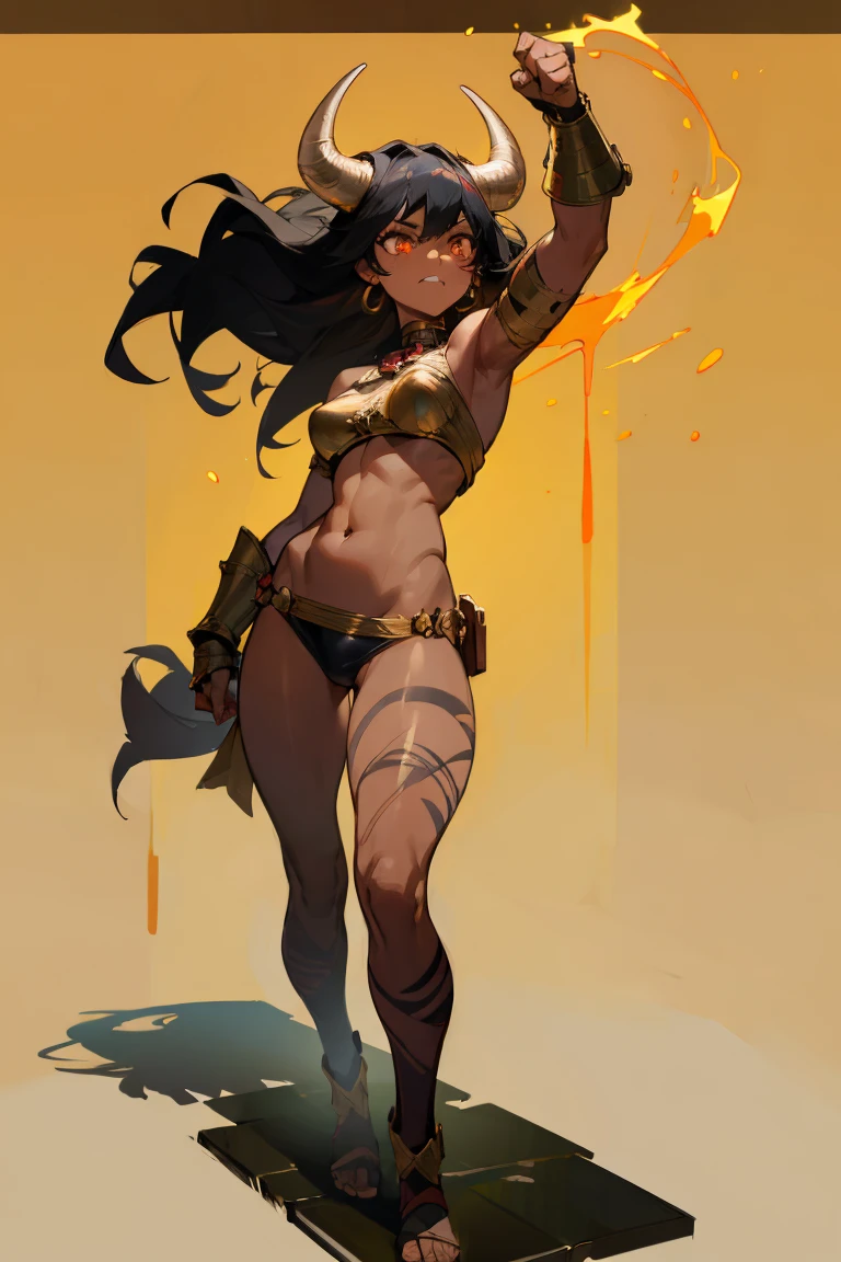 (best quality, masterpiece:1.2), 1girl, (solo), minotaur girl, ((full body)), standing, standing proudly, fighting stance, ((ferocious face)), bull horns on head, ((black hair)), (golden eyes), {{dark skin}}, ({dark skinned female}), scars on body, huge body, muscular body, gladiator outfit, (dark leather armor, red stripes), brass knuckles, golden choker, cow bell