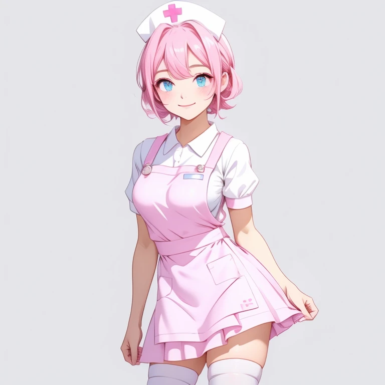 1girl, solo, nurse, nurse cap, pink collared dress, white apron, ((white legwear, zettai ryouiki)), white gloves, pink hair, blue eyes, drooping eyes, smile, standing, sharp outline, short sleeves, gray background, simple background, best quality, masterpiece