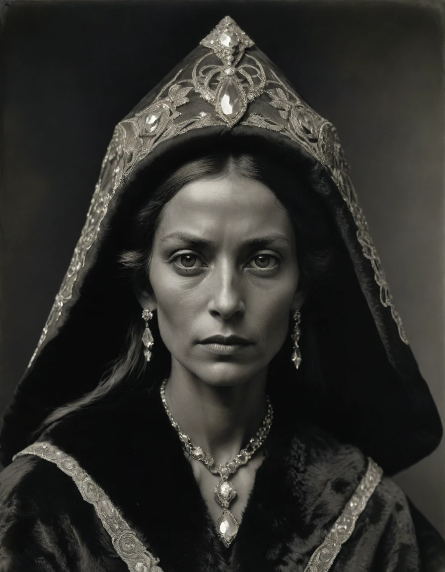 by Moebius Jean Giraud, by Théodore Géricault, ((((Rough monochrome, daguerreotype)))), (a powerful high elf noblewoman, bronze skin, tanned, dignified, sensual, facing viewer. She is wearing a fur hat. She is wearing a black Byzantine caftan with Slavic elements, embroidered diamond shape symbology, moth symbology, sashes, diamond shape pendant).
