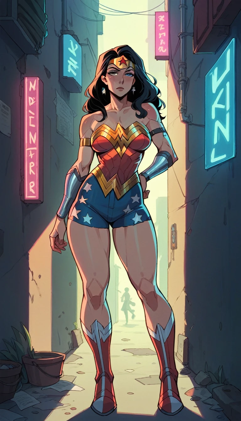 Wonder Woman in cyborg and cyberpunk look in an alley, de nuit, lit by neon lights.