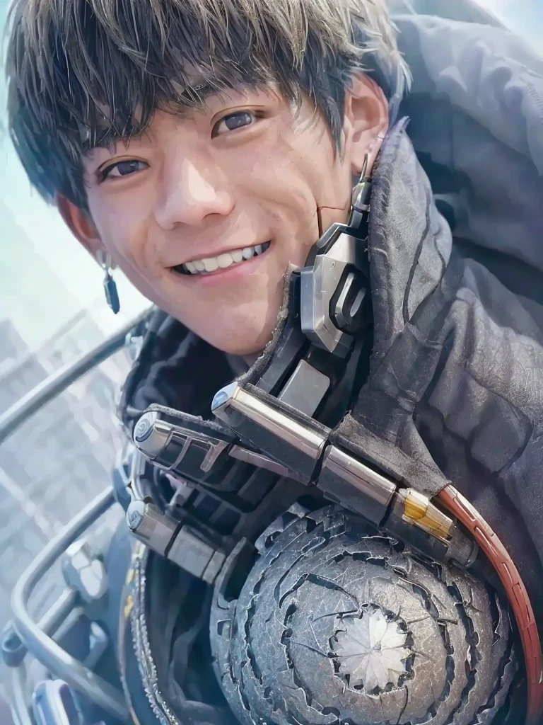 Masterpiece, best quality, 1 man, cyborg, grin, 