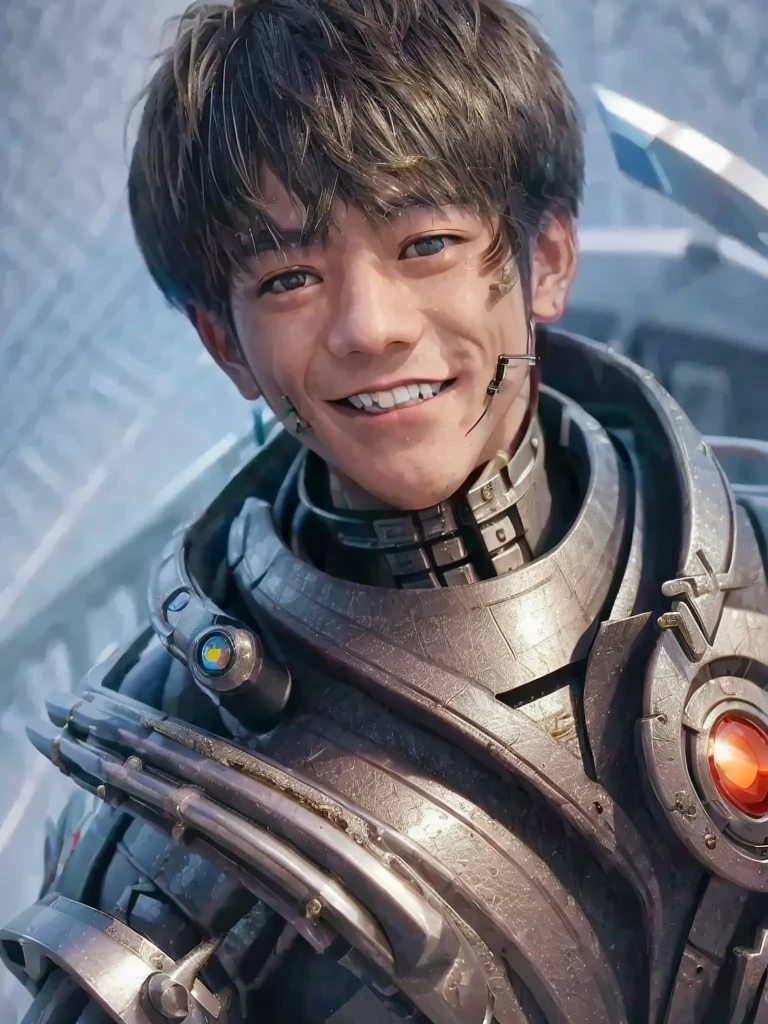 Masterpiece, best quality, 1 man, cyborg, grin, 