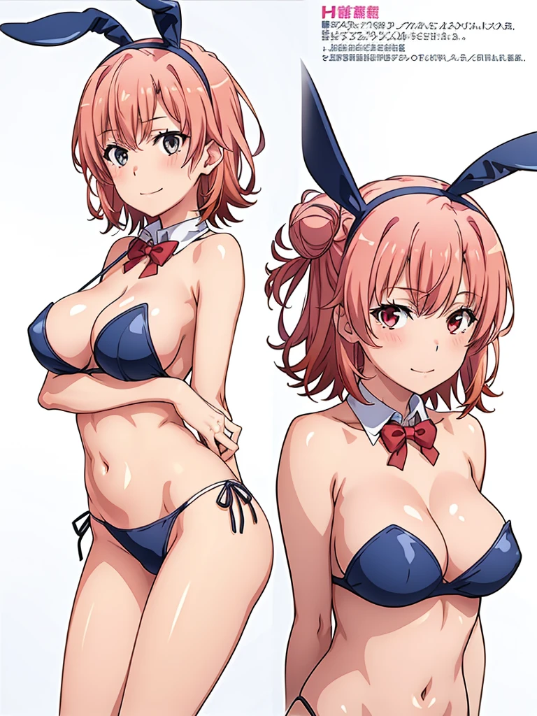 ((Tabletop, Highest quality, High resolution, Hmph, Pixel perfect, Depth of written boundary, 4K, )), One Girl, alone, , Beautiful Anime Girls, Beautiful art style, close, View your viewers, Perfect body, Yuigahama Yui, short hair, Single hair bun, Pink Hair, (Large Breasts), Apply blush all over the face, smile, Thighs Thighs Thighs Thighs, Navy Playboy Bunny, Red bow tie, belly button, White Background, Put your hands on your buttocks, I had already finished, Underarm, Side Shot, concentrated,