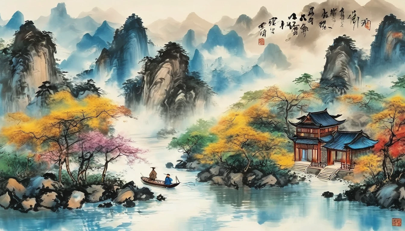 Highest quality,8K,Ultra Clear,Kimman.and, river,There is a boat in the water,There is an island on top of the mountain, Ink Painting, Chinese style,