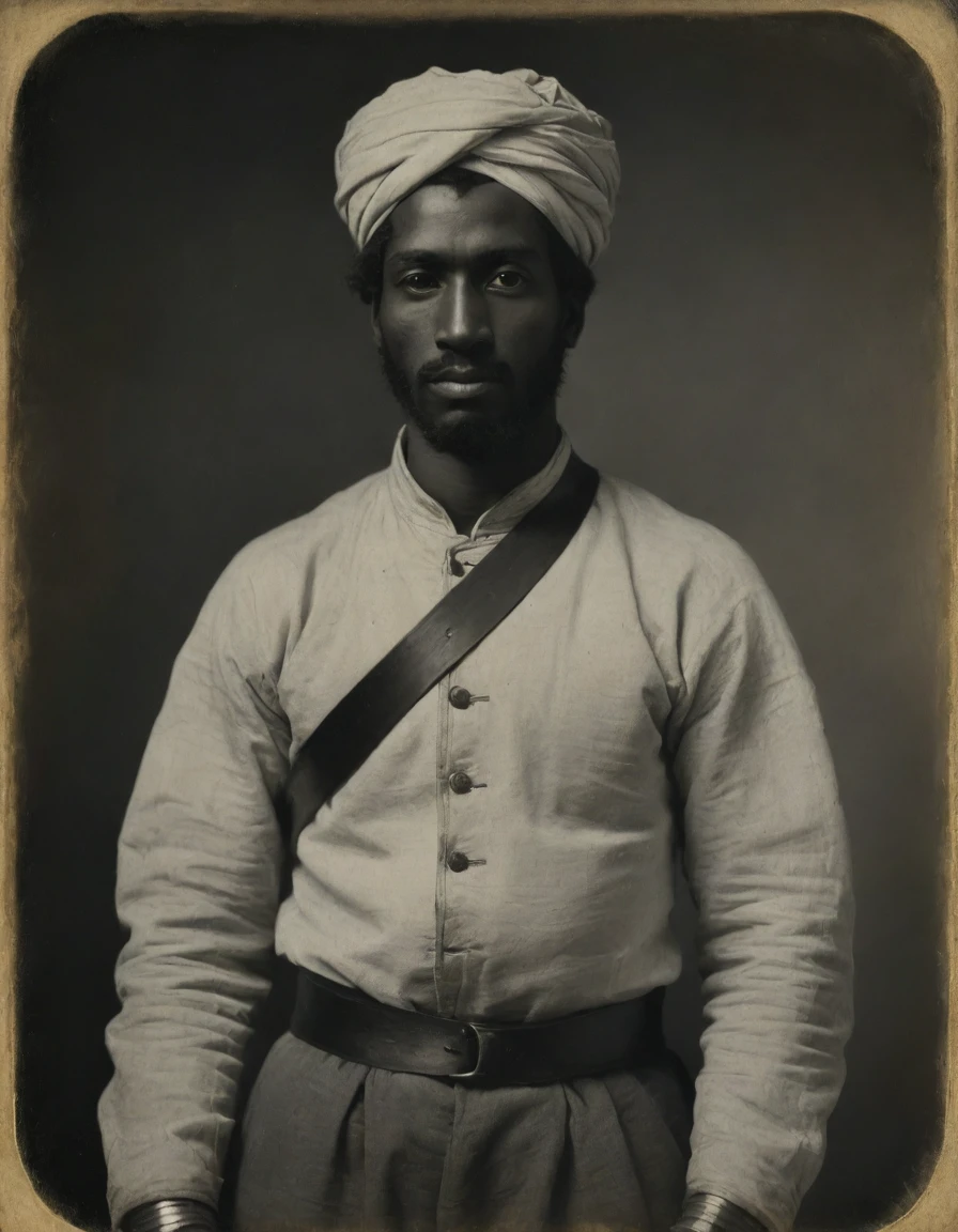 by Théodore Géricault, ((((Rough monochrome, daguerreotype)))), portrait of a black male fencer, lean, very tall, solemn, beautiful, young, noble, valiant, wearing white and black fencer uniform and a turban. Mughal elements.