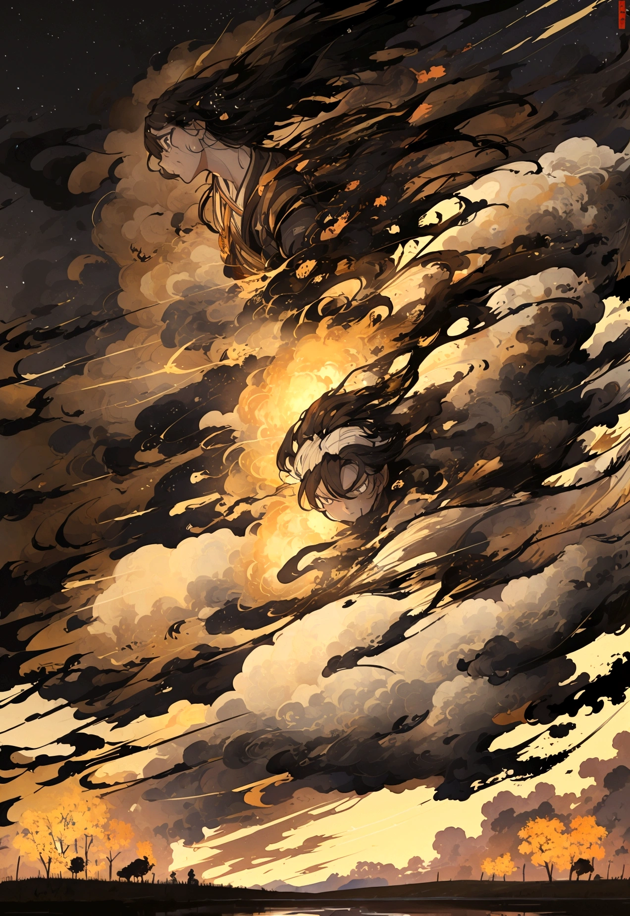 In the night sky, a man's severed head is flying across the surface of the river at an incredible speed.。The severed head has a hairstyle like a fallen warrior。Flames are flickering around the severed head like wheels.。The severed head has a pale, blank look on its face.。Set the background to a tranquil rural landscape with a dark night sky。The wind is blowing、The wind is blowing