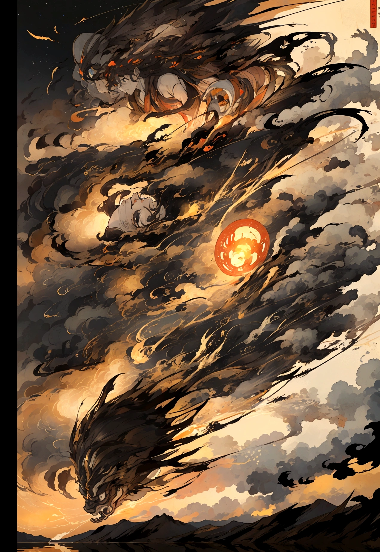 great dragon god, gentle gaze, fantastic background, moonlight background, sea of clouds background, golden splashes, mysterious, divine light, mythical creature, traditional Chinese dragon, myth, speckled light, hazy haze, mysterious aura, masterpiece, fantastic, elegant dragon, good fortune, fantasy art