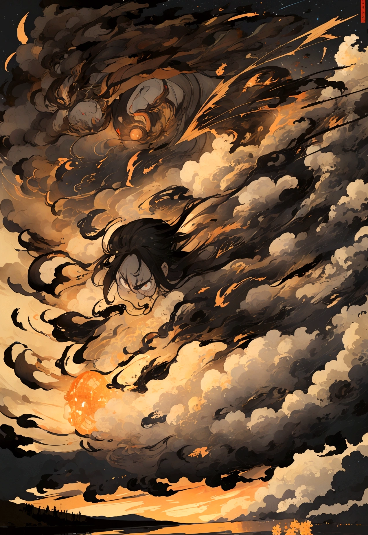 In the night sky, a man's severed head is flying across the surface of the river at an incredible speed.。The severed head has a hairstyle like a fallen warrior。Flames are flickering around the severed head like wheels.。The severed head has a pale, blank look on its face.。Set the background to a tranquil rural landscape with a dark night sky。The wind is blowing、The wind is blowing