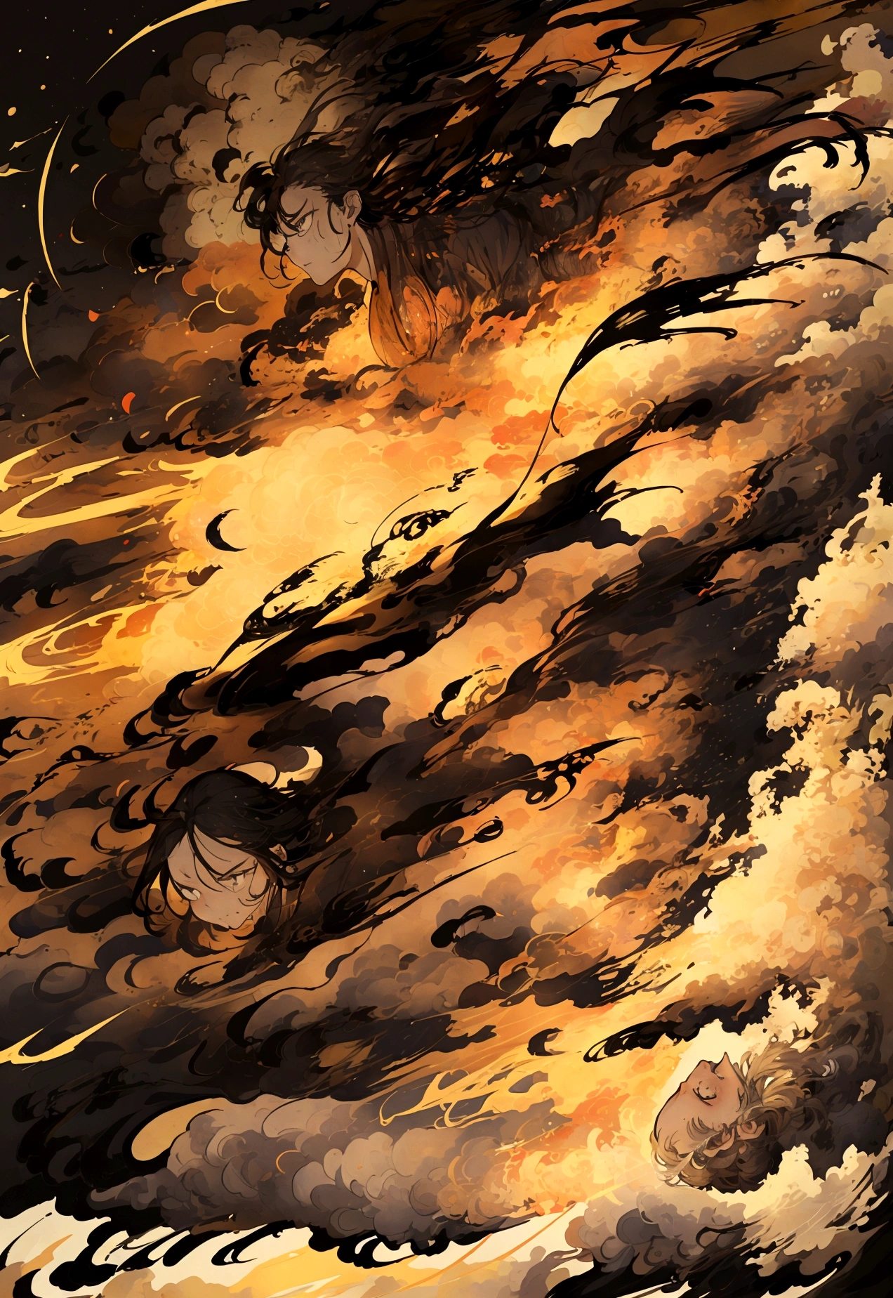 In the night sky, a man's severed head is flying across the surface of the river at an incredible speed.。The severed head has a hairstyle like a fallen warrior。Flames are flickering around the severed head like wheels.。The severed head has a pale, blank look on its face.。Set the background to a tranquil rural landscape with a dark night sky。The wind is blowing、The wind is blowing