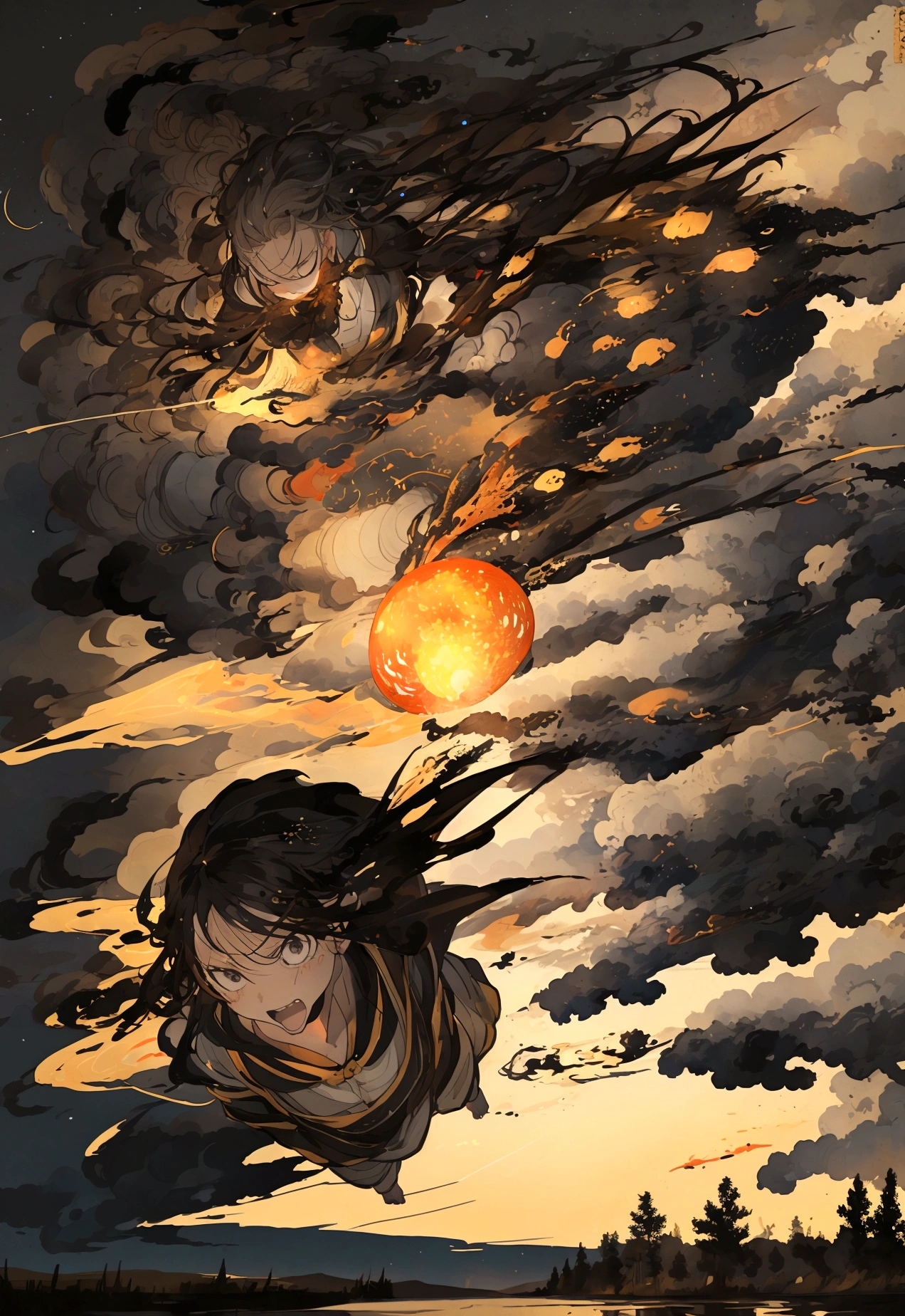 In the night sky, a man's severed head is flying across the surface of the river at an incredible speed.。The severed head has a hairstyle like a fallen warrior。Flames are flickering around the severed head like wheels.。The severed head has a pale, blank look on its face.。Set the background to a tranquil rural landscape with a dark night sky。The wind is blowing、The wind is blowing