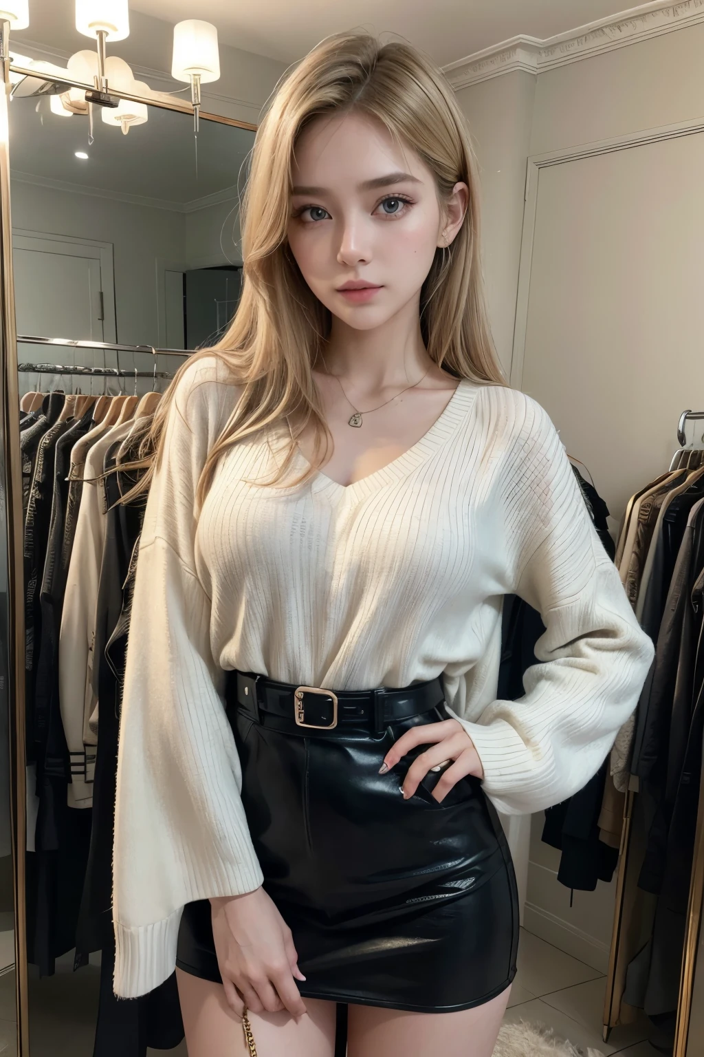 textura realist hiperrealist iluminación espectacular motor irreal tendencia en artstation, award-winning photo, Nikon RAW photo, 8 K, Fujifilm XT3, Masterpiece, Best Quality, realist, fotorrealist, ultra detailed, extremely detailed face, Alone, 1 girl, standing, fashionable and fashionable atmosphere, light blonde hair, dressing room, designer clothing and accessories, high-end makeup products and an elegant expression on her face, Irene1, 